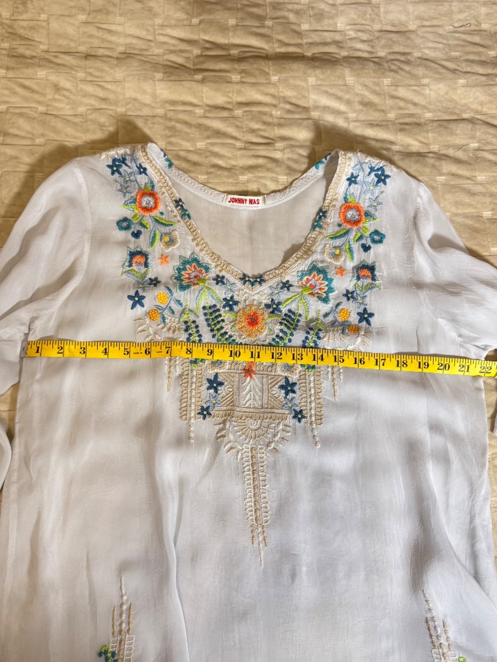 JOHNNY WAS boho embroidered v-neck peasant blouse; subtle blue; XL - Picture 8 of 9